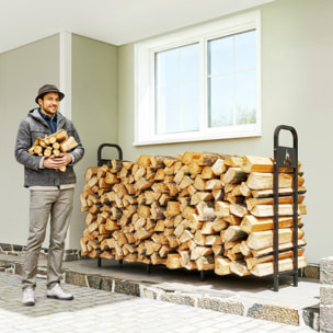 Estante de Leña Metálico, 199x30x121 cm, Leñero Exterior con Marco de Acero, Patas Extra Reforzadas y Diseño Recortado de Fogata, Soporte para Leña de Chimenea, Carga 300 kg, para Jardín