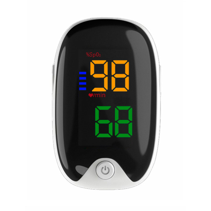 Pulsossimetro digitale con monitoraggio della frequenza cardiaca e dell'ossigeno nel sangue.