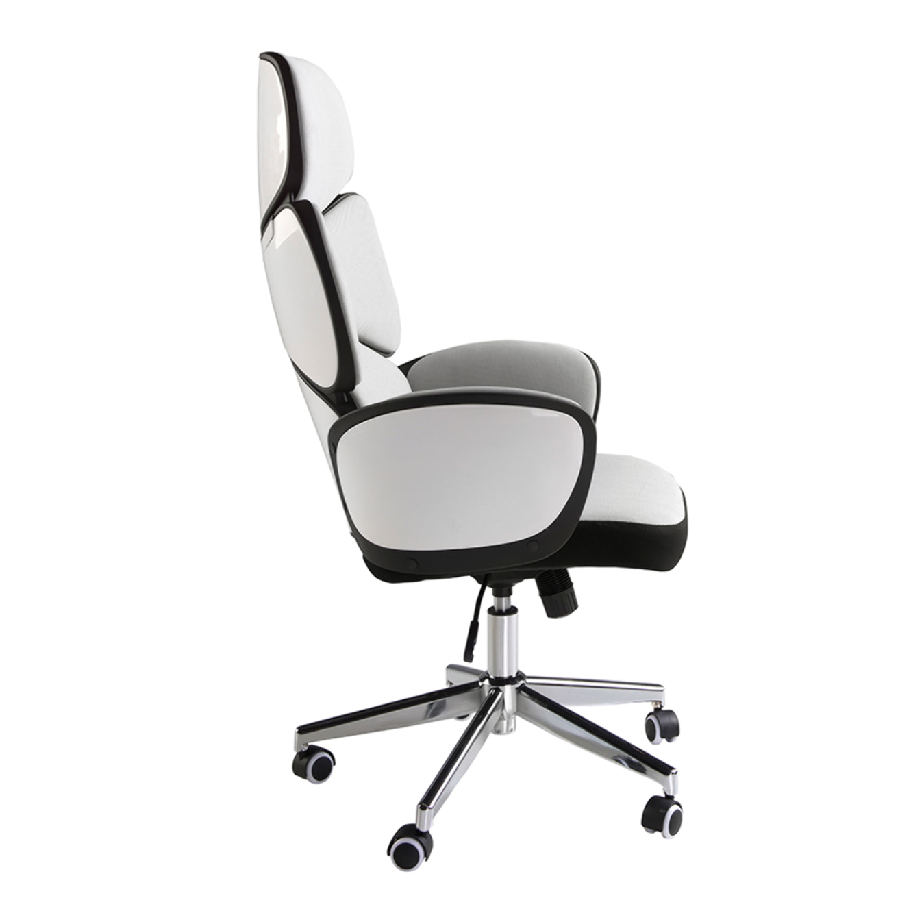 Silla Angel Cerdá oficina giratoria con asiento tapizado en tela gris claro y respaldo de pvc blanco acabado brillo con reposabrazos 64x69x118cm