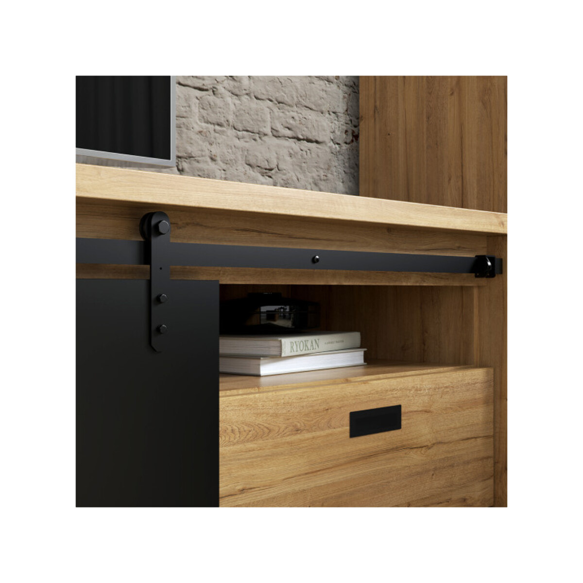Meuble TV effet bois de chêne & noir L203cm - FACTORY