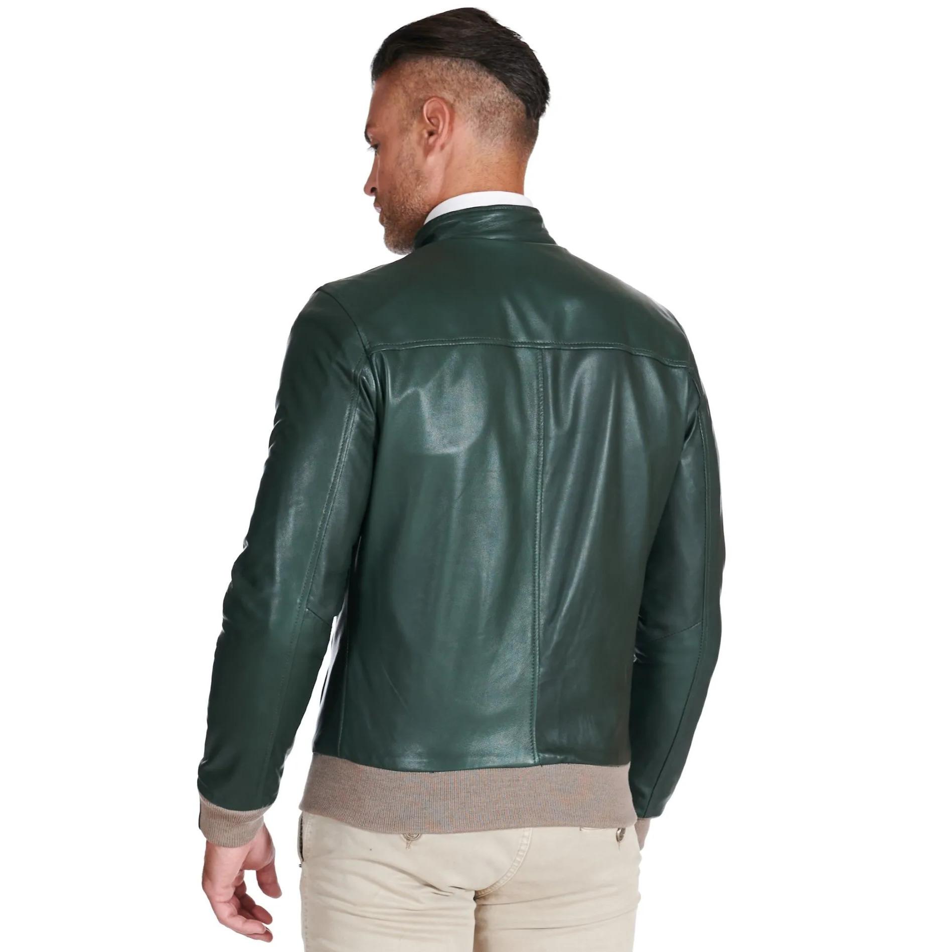 Giubbotto bomber in pelle naturale verde lana a contrasto beige