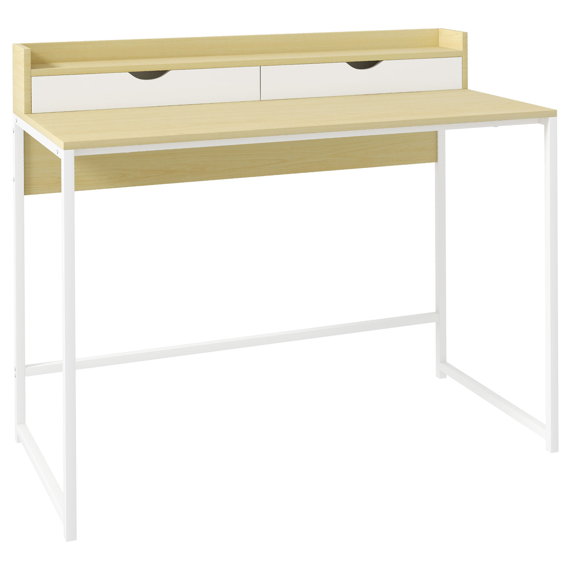 Bureau secrétaire style contemporain - 2 tiroirs, étagère - acier blanc aspect bois clair