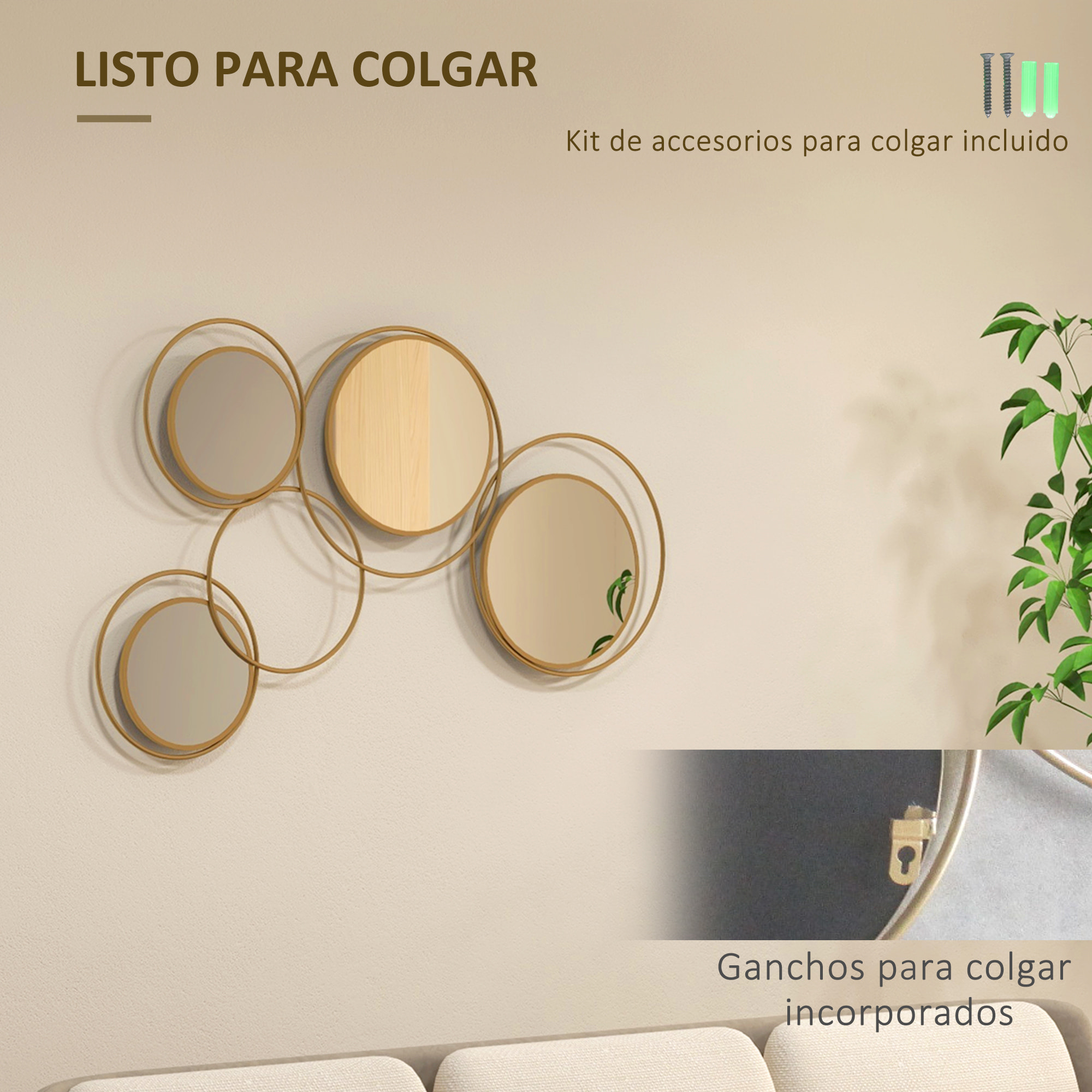 Espejo Decorativo de Pared de Metal 3D Adorno de Pared Metálico con 4 Espejos Redondos para Salón Dormitorio Pasillo 110x68 cm Dorado