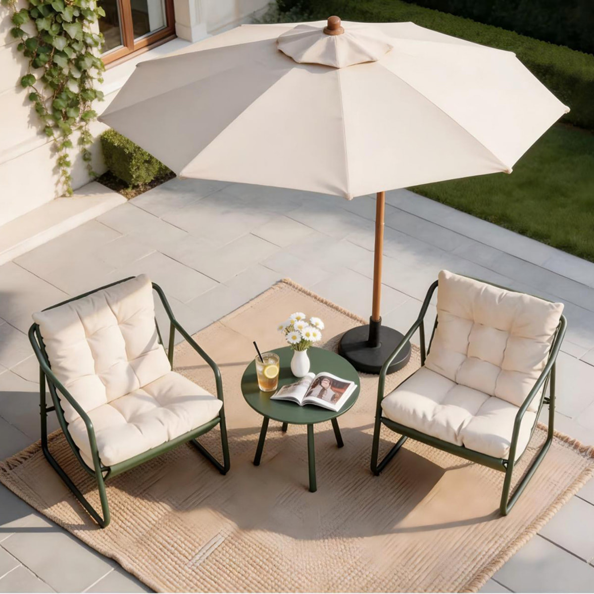 Ensemble de jardin 2 fauteuils vert kaki avec table basse ANTHI