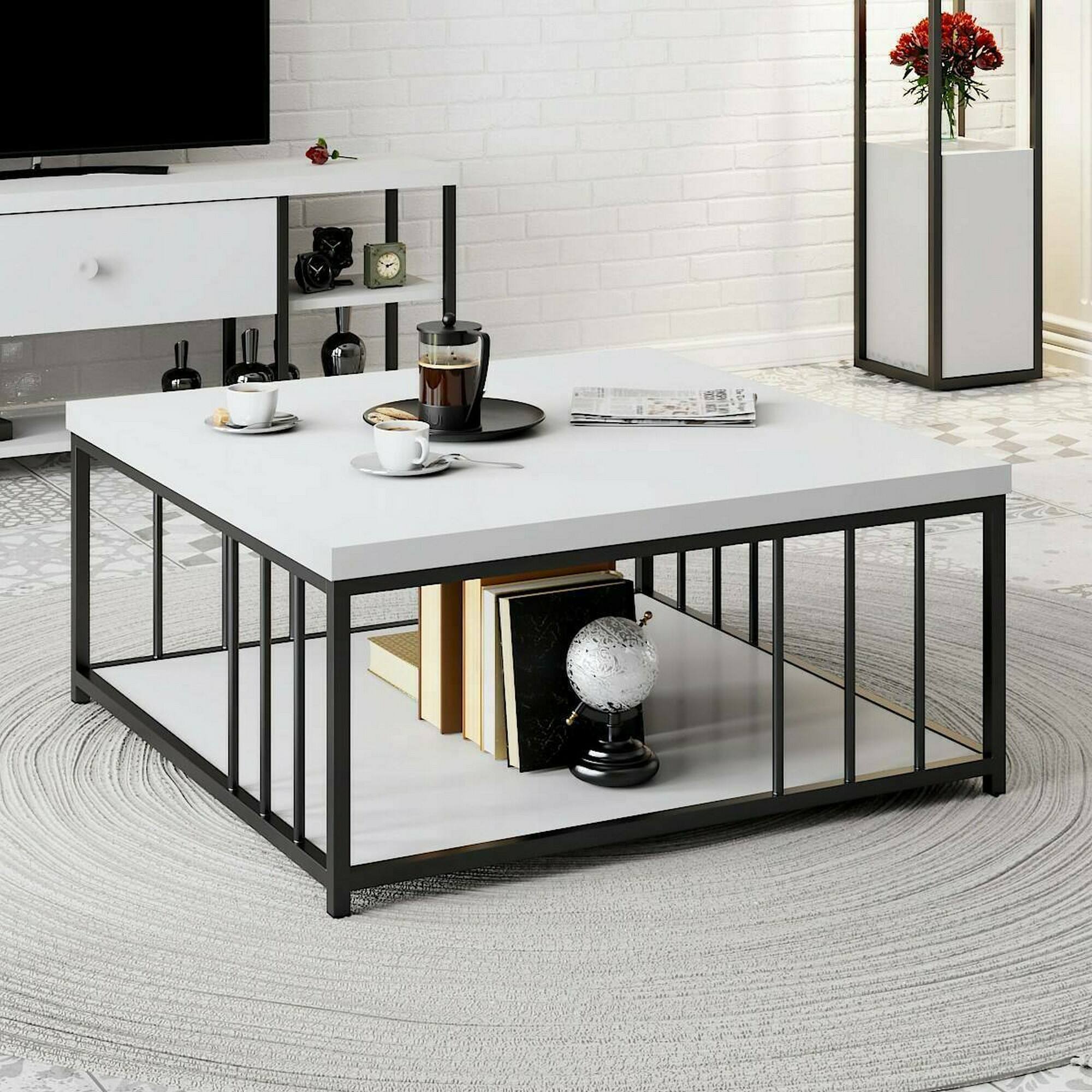 Tavolino da salotto Raiden, Tavolo basso da caffè, Portariviste per divano, Ripiano da soggiorno, 90x90h40 cm, Bianco e Nero