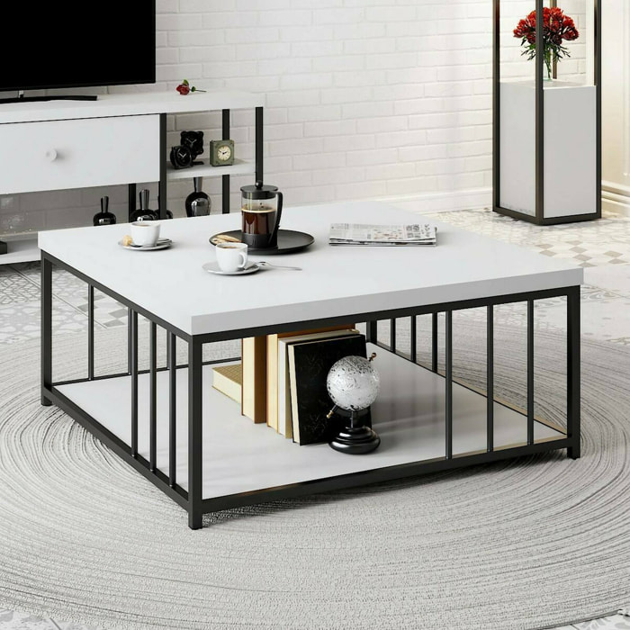 Tavolino da salotto Raiden, Tavolo basso da caffè, Portariviste per divano, Ripiano da soggiorno, 90x90h40 cm, Bianco e Nero