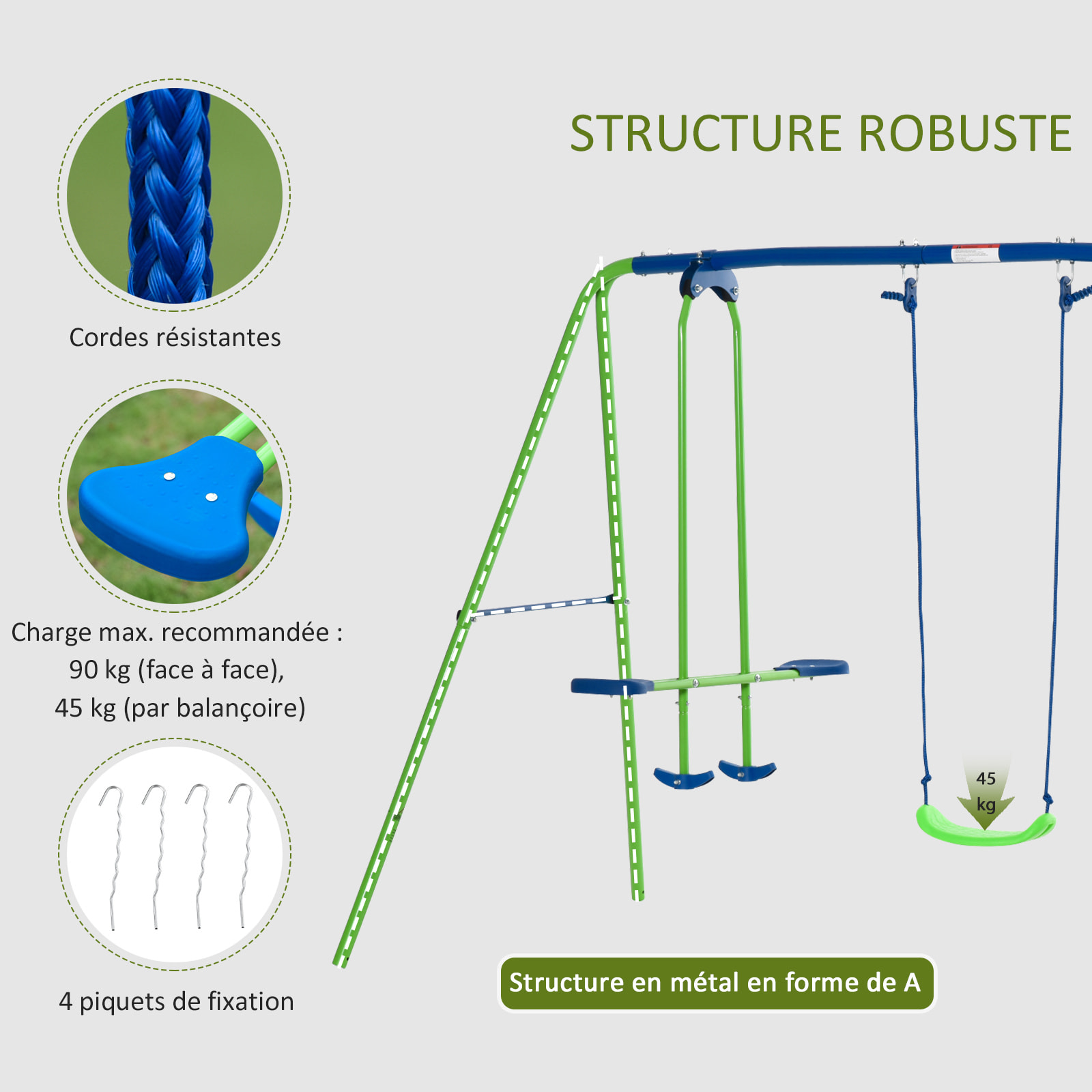 Balançoire 3 agrès portique avec 2 balançoires et face à face dim. 2,8L x 1,4l x 1,78H m métal époxy anticorrosion PE vert bleu