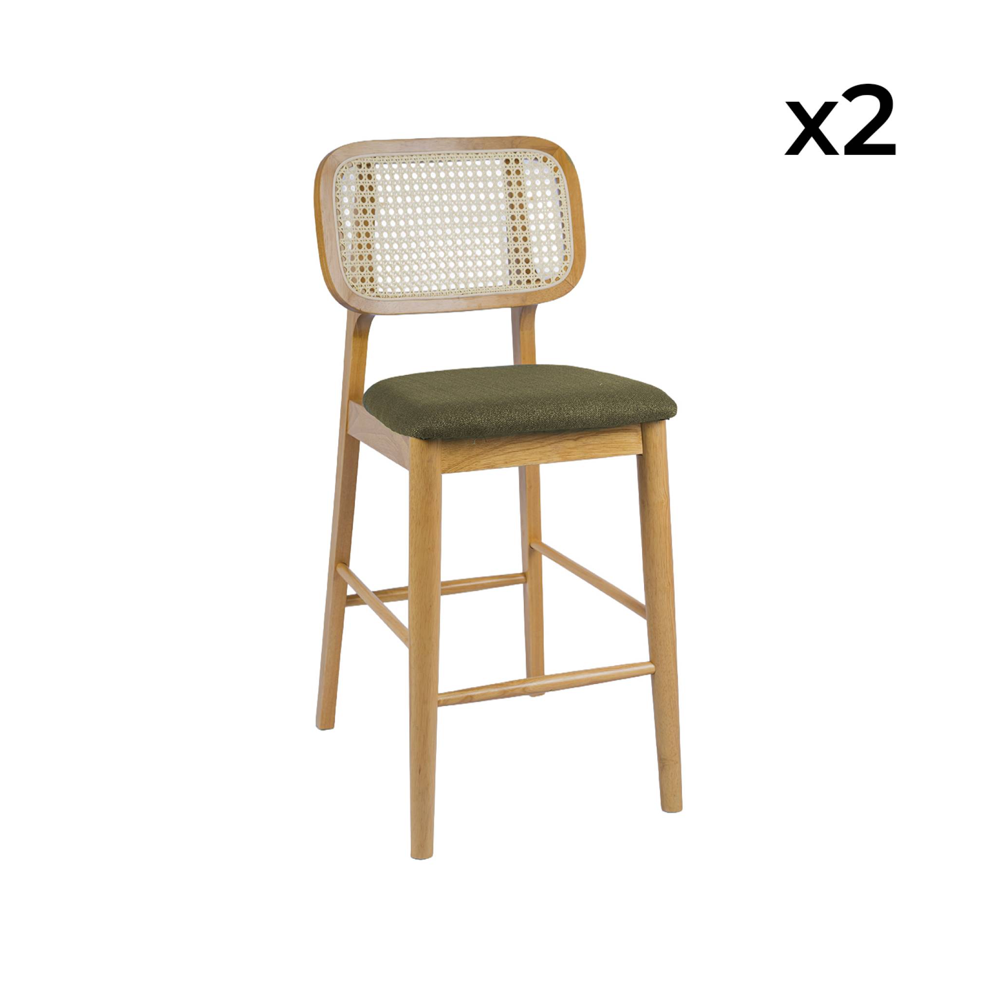 Tabouret de bar bois d'hévéa cannage et tissu 66,5cm (lot de 2) MANI
