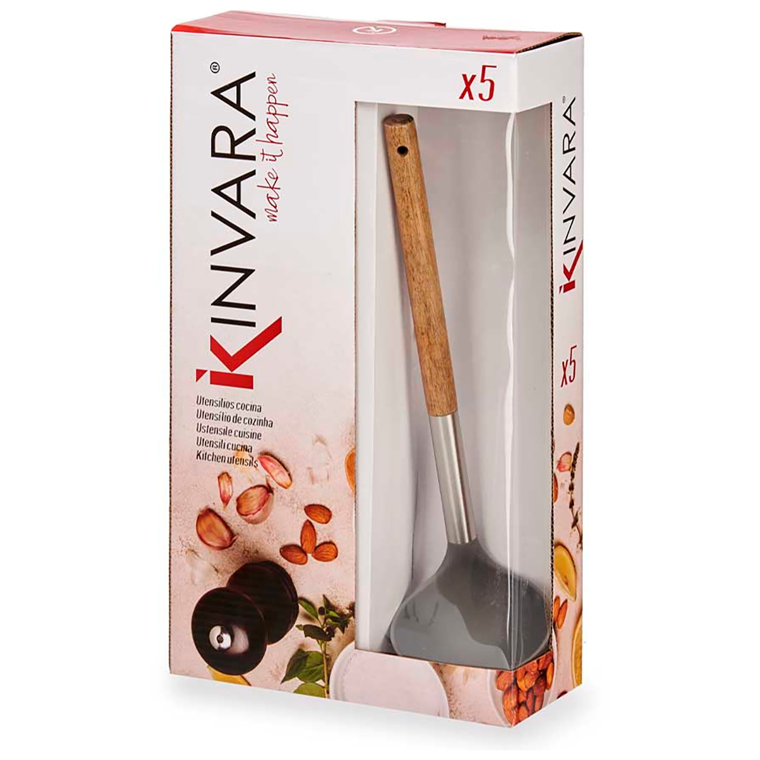 DAM SET 5 UTENSILI DA CUCINA legno e acciaio inox. 8,5x20,5x35 cm. Colore del legno