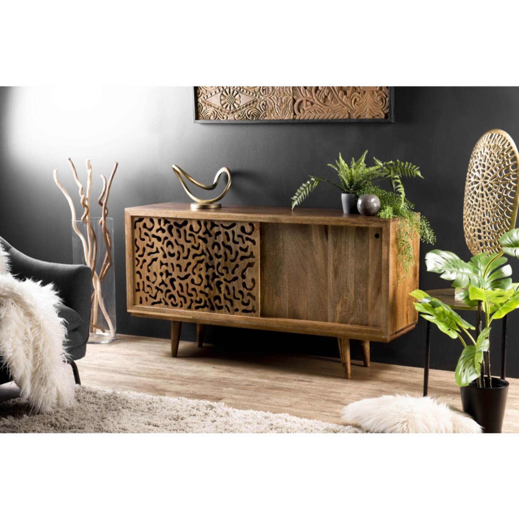 INDRA - Buffet bois Manguier 160x45cm 2 portes coulissantes 1 étagère Jaipur
