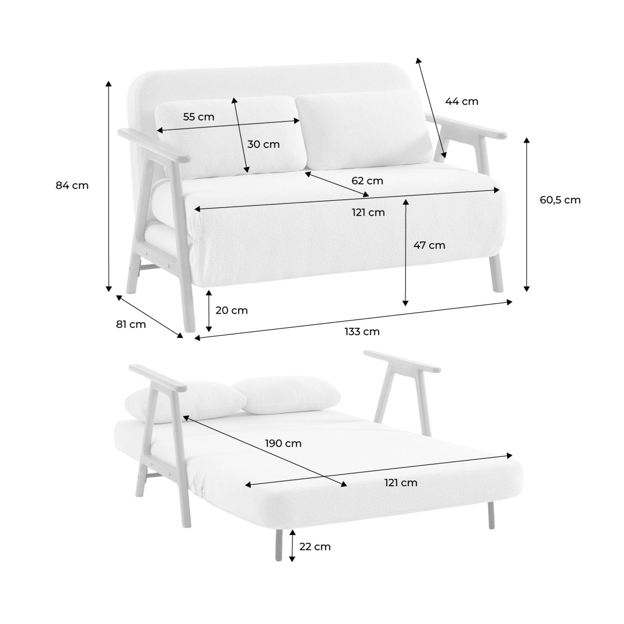 Banquette canapé convertible 2 places bois d'hévéa teinté noyer clair et bouclette texturée blanche L 133 x P 81 x 84cm - Sven