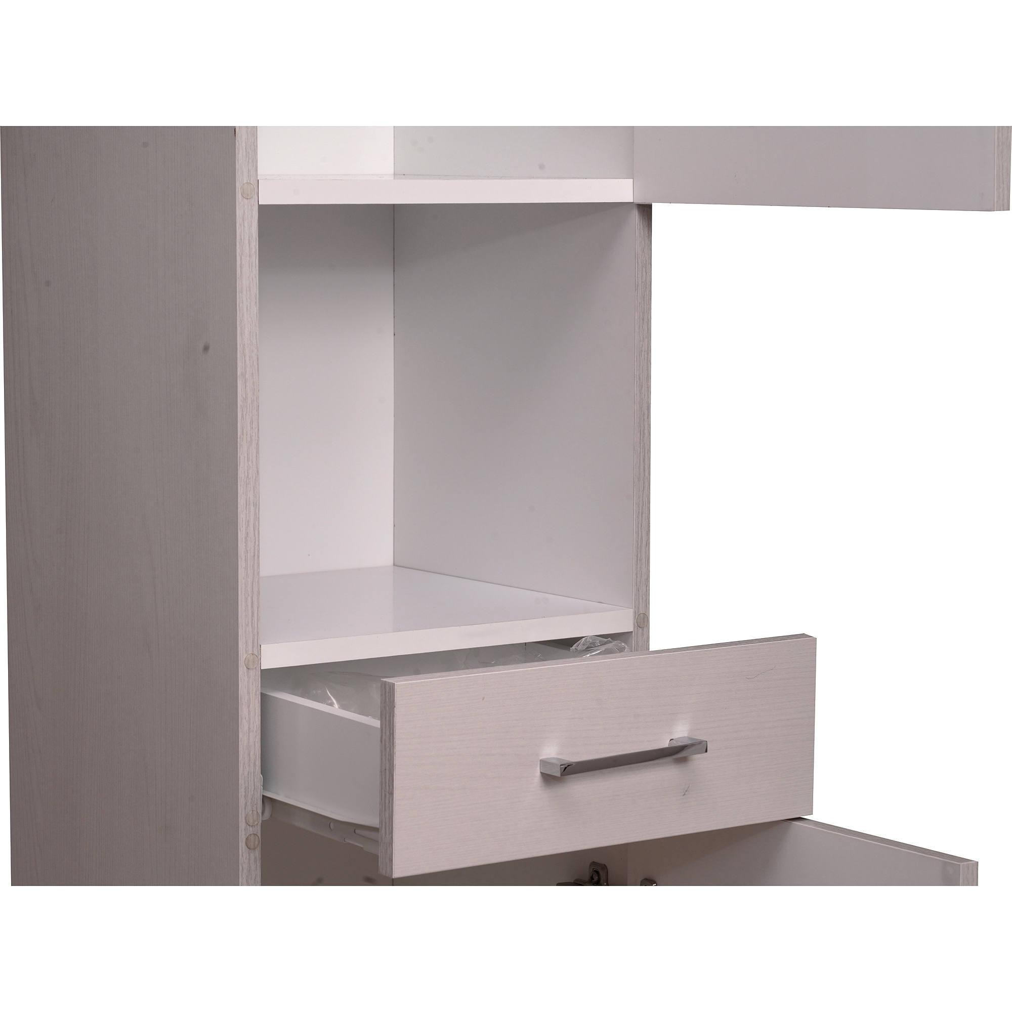 Colonna da bagno pensile, Armadietto moderno multiuso con 2 ante e un cassetto, Made in Italy, cm 34x34xh195, colore Bianco frassinato