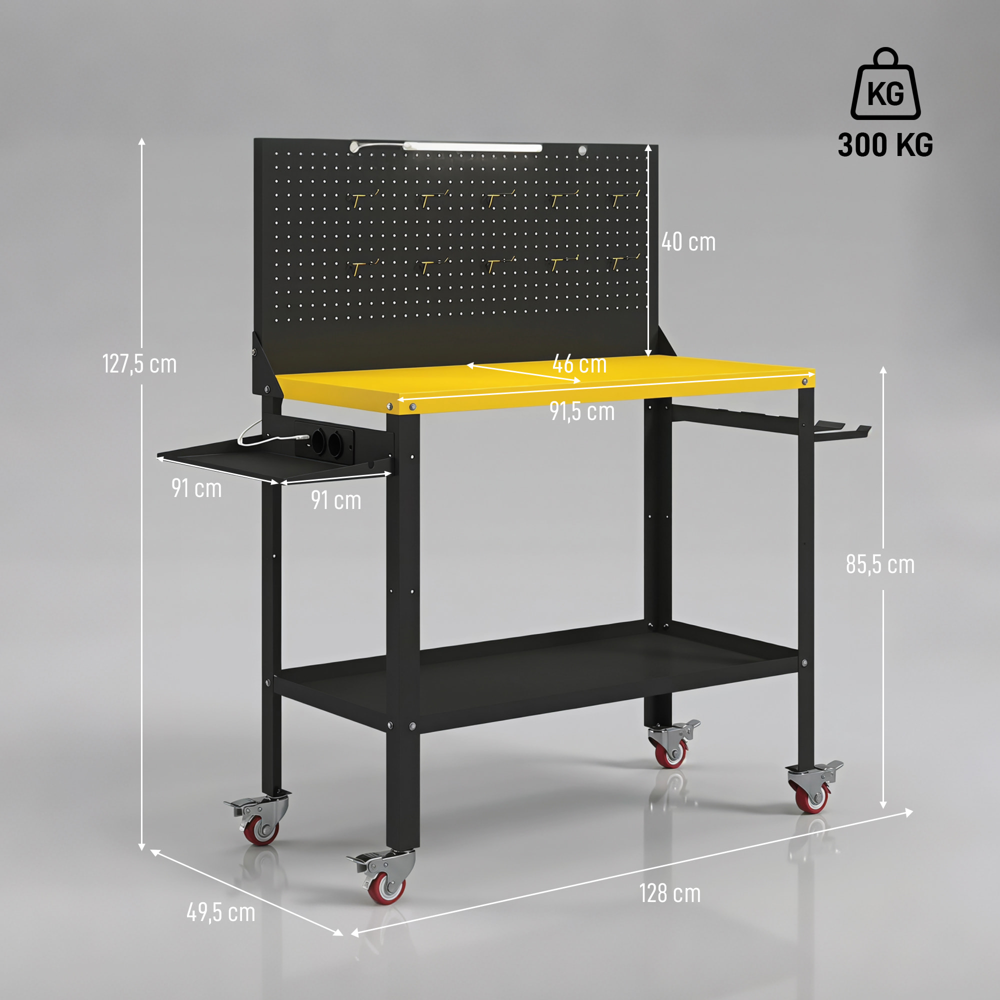 Banco de Trabajo con Panel Perforado y Ruedas, Mesa de Trabajo con Enchufes, USB, Luz LED y Estructura Metálica, Carga 300 kg, Banco para Garaje o Taller, 128x49,5x127,5 cm, Negro y Amarillo