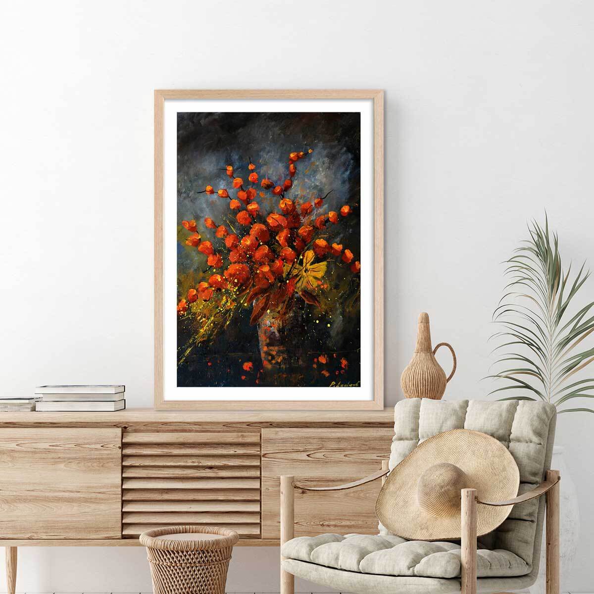 Affiche vase fleurs orange Affiche + cadre en bois - Chêne