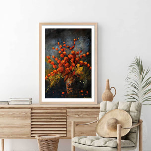 Affiche vase fleurs orange Affiche + cadre en bois - Chêne