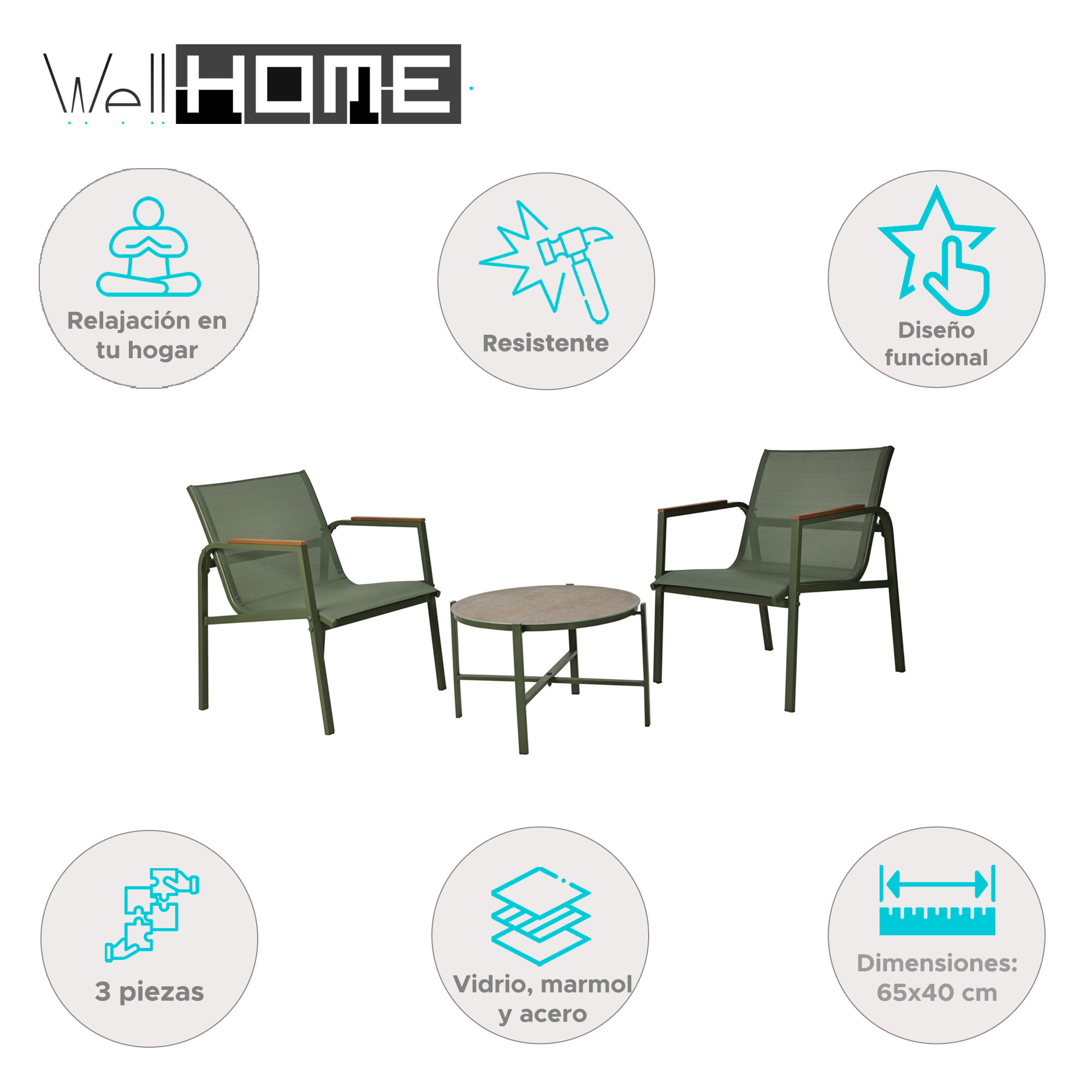 Well Home Conjunto de Muebles de Jardín de 3 piezas color Verde de diseño en acero galvanizado