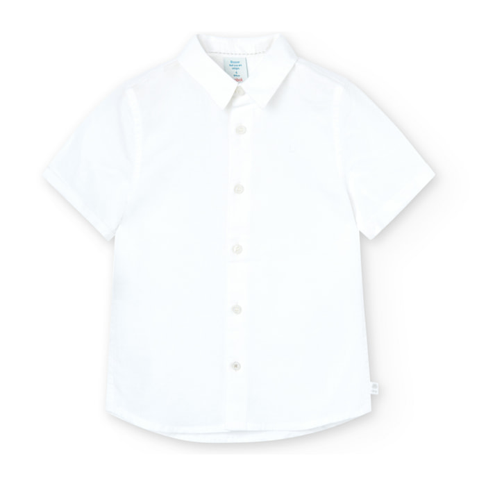 Camisa lino manga corta niño, cuello camisero, botón, blanco