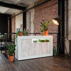 Credenza Moderna Madia A Terra Con 3 Ante Vano A Giorno E Ripiani Interni Mobile Contenitore Antigraffio 144x42x87 Cm Bianco Anticato e Bianco