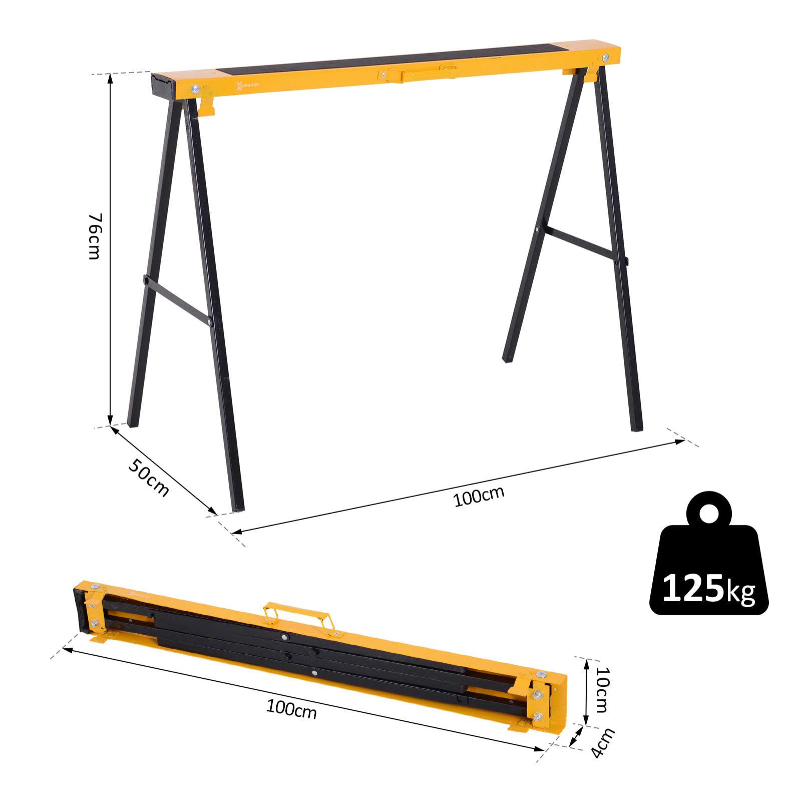 HOMCOM Lot de 2 tréteaux pliables compactes poignée transport dim. 100L x 50l x 76H cm surface antidérapante métal noir jaune