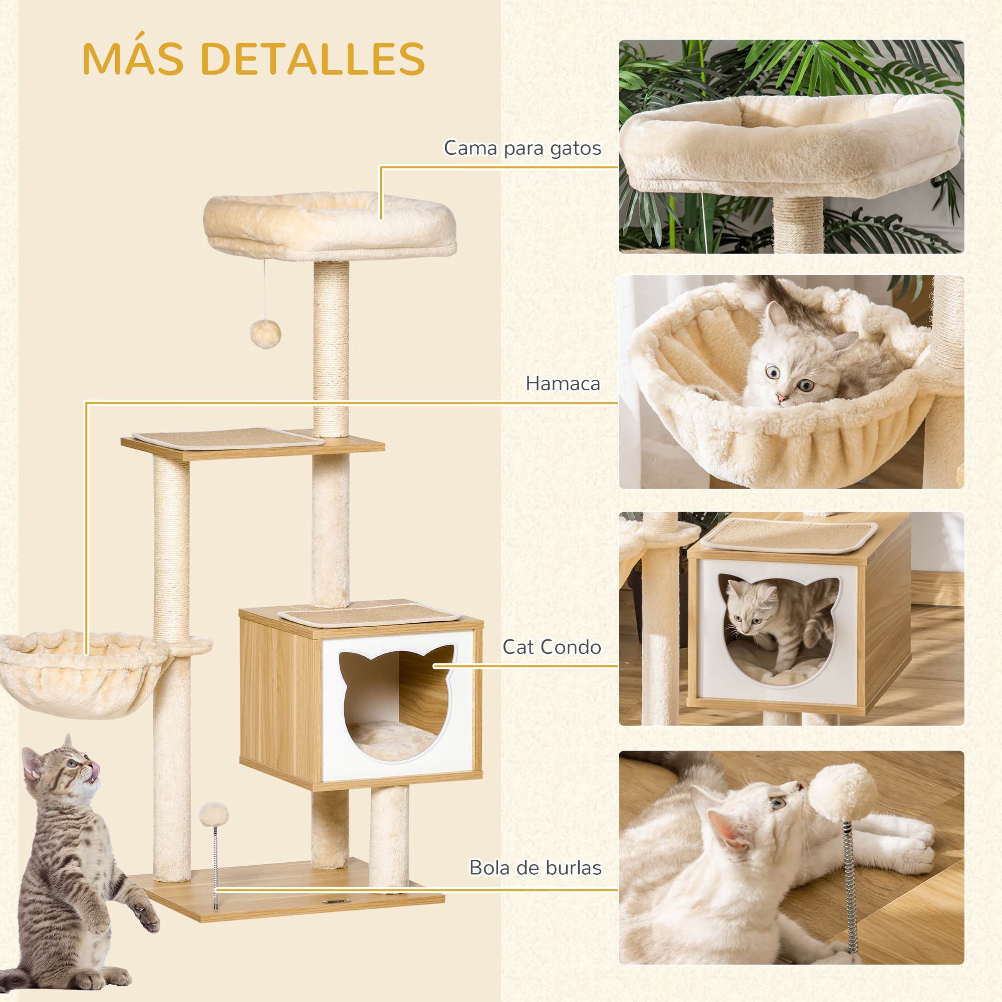 Árbol Rascador para Gatos con Plataforma Altura 126 cm Torre Escalador para Gatos con Hamaca Caseta Cama Postes de Sisal y Bolas para Jugar 48x40x126 cm Beige