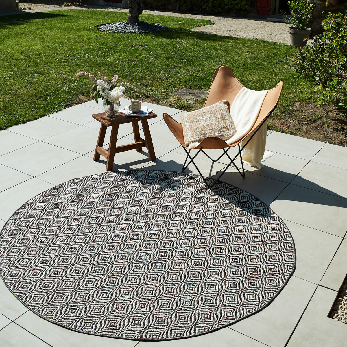 Moa- tapis d'extérieur rond noir à motif blanc