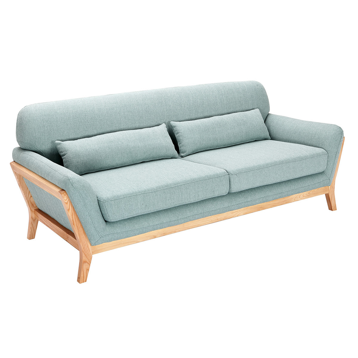 Canapé scandinave 3 places en tissu vert lagon et bois clair YOKO