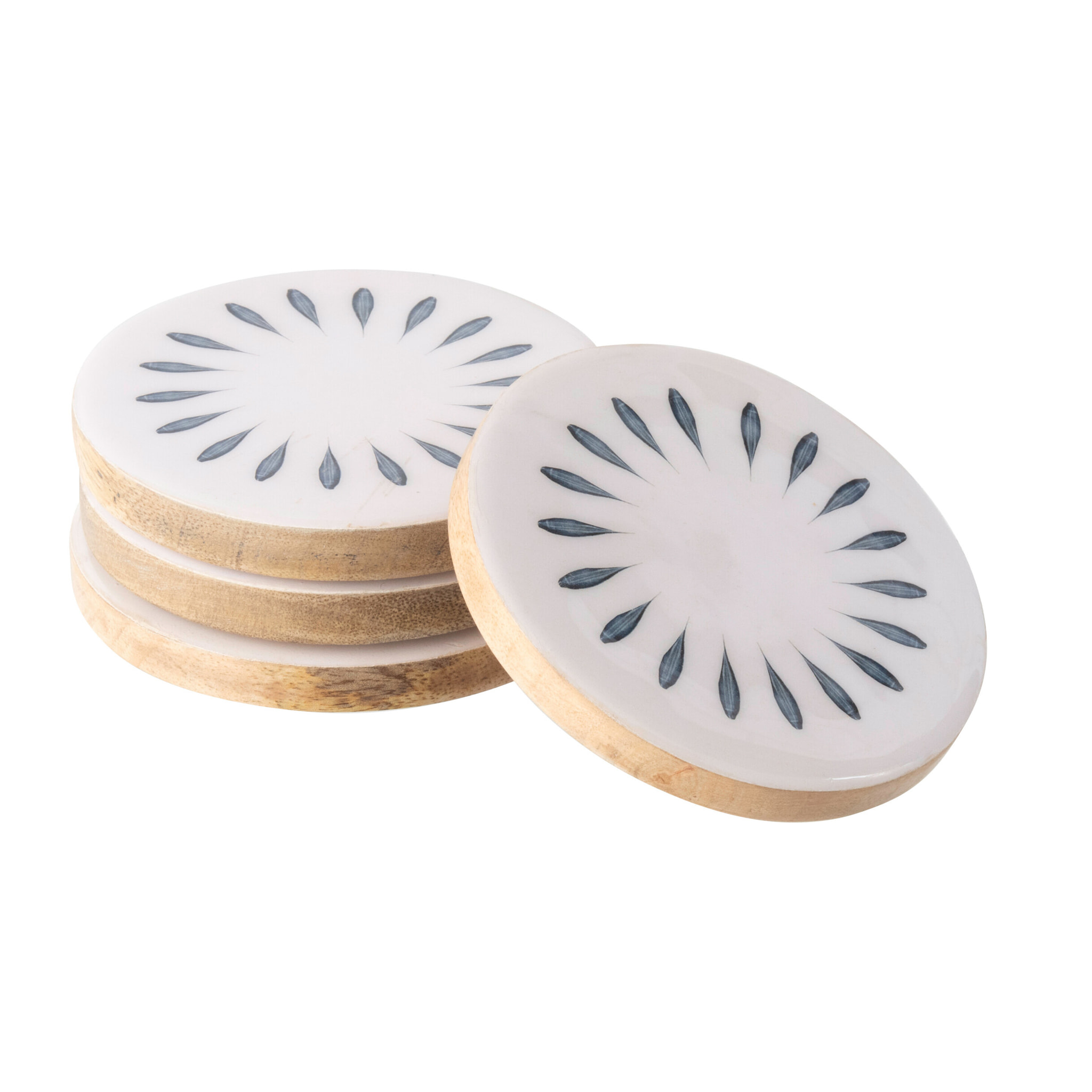 J-Line Dessous de verre Rond - bois - bleu foncé/blanc - set de 4