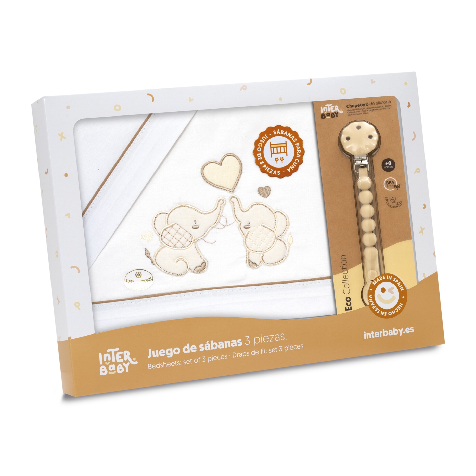 Triptico Cuna Parejita Elefante + Broche Bco/Beig