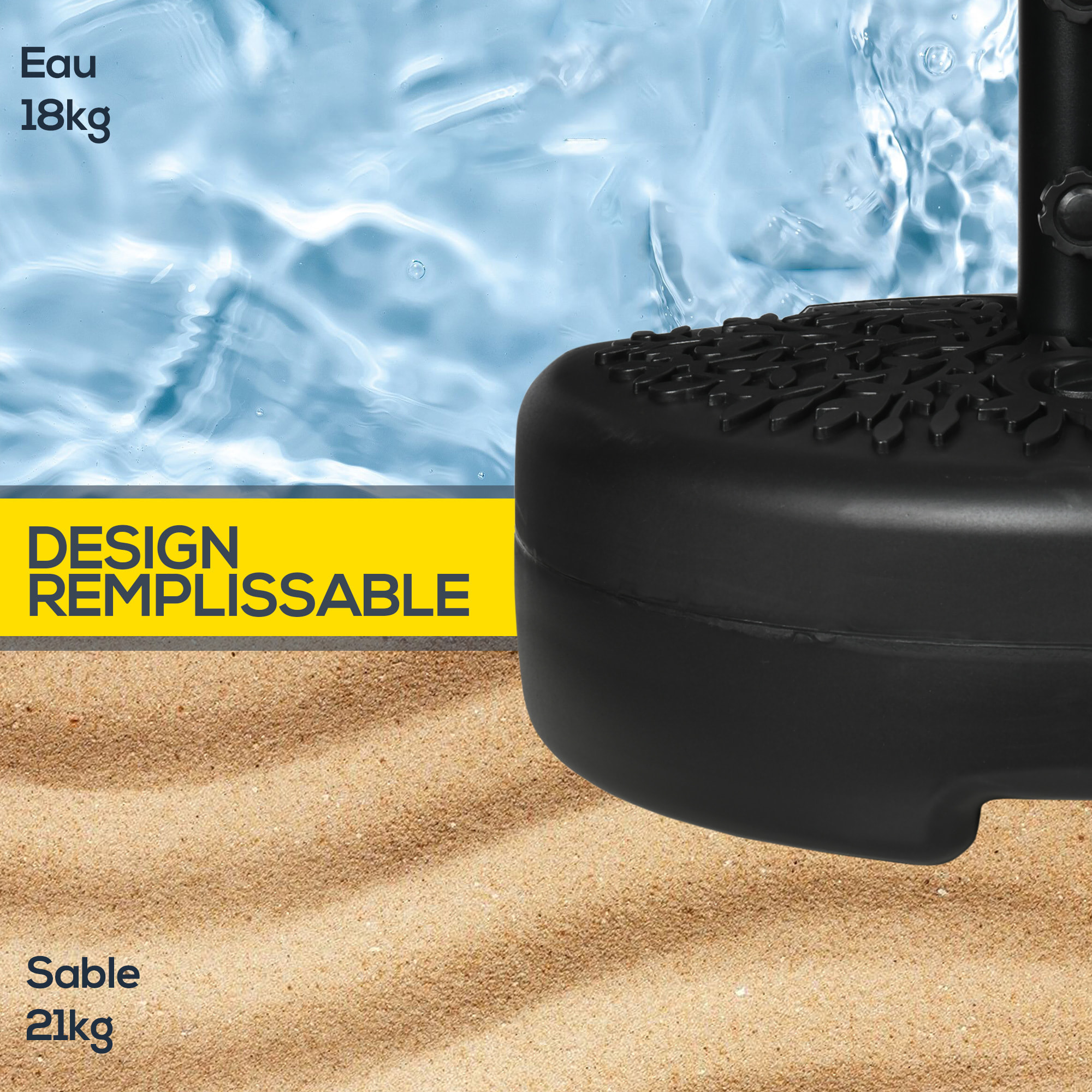 Pied de parasol demi-round à remplir avec 18 kg d'eau / 21 kg de sable - pour mât de Ø 38-48 mm - 50 x 31 x 38cm - noir