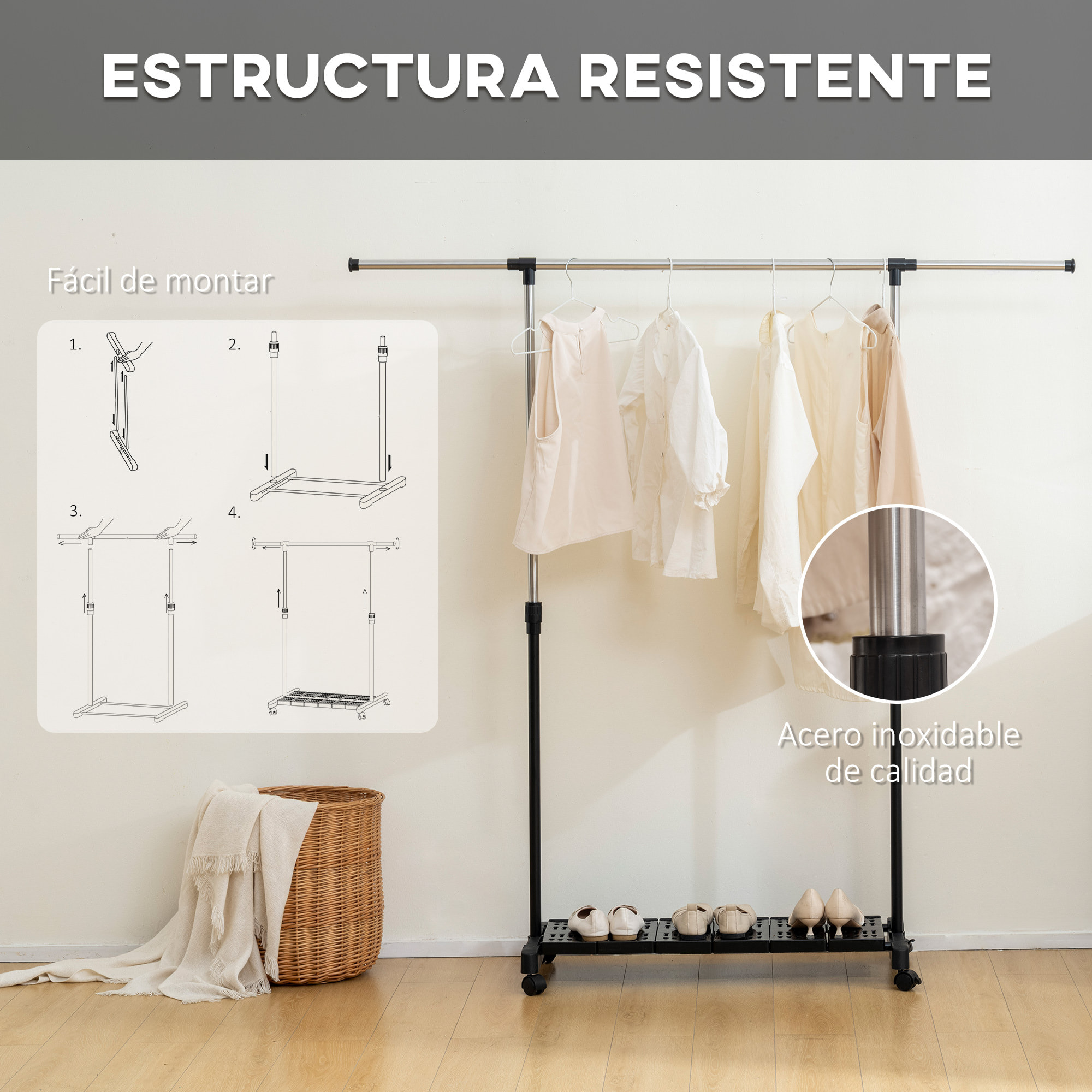 Tendedero Extensible con Ruedas, Tendedero de Ropa con Barra de Acero Inoxidable y Estante para Zapatos, Altura Ajustable, para Interior, Negro y Plata