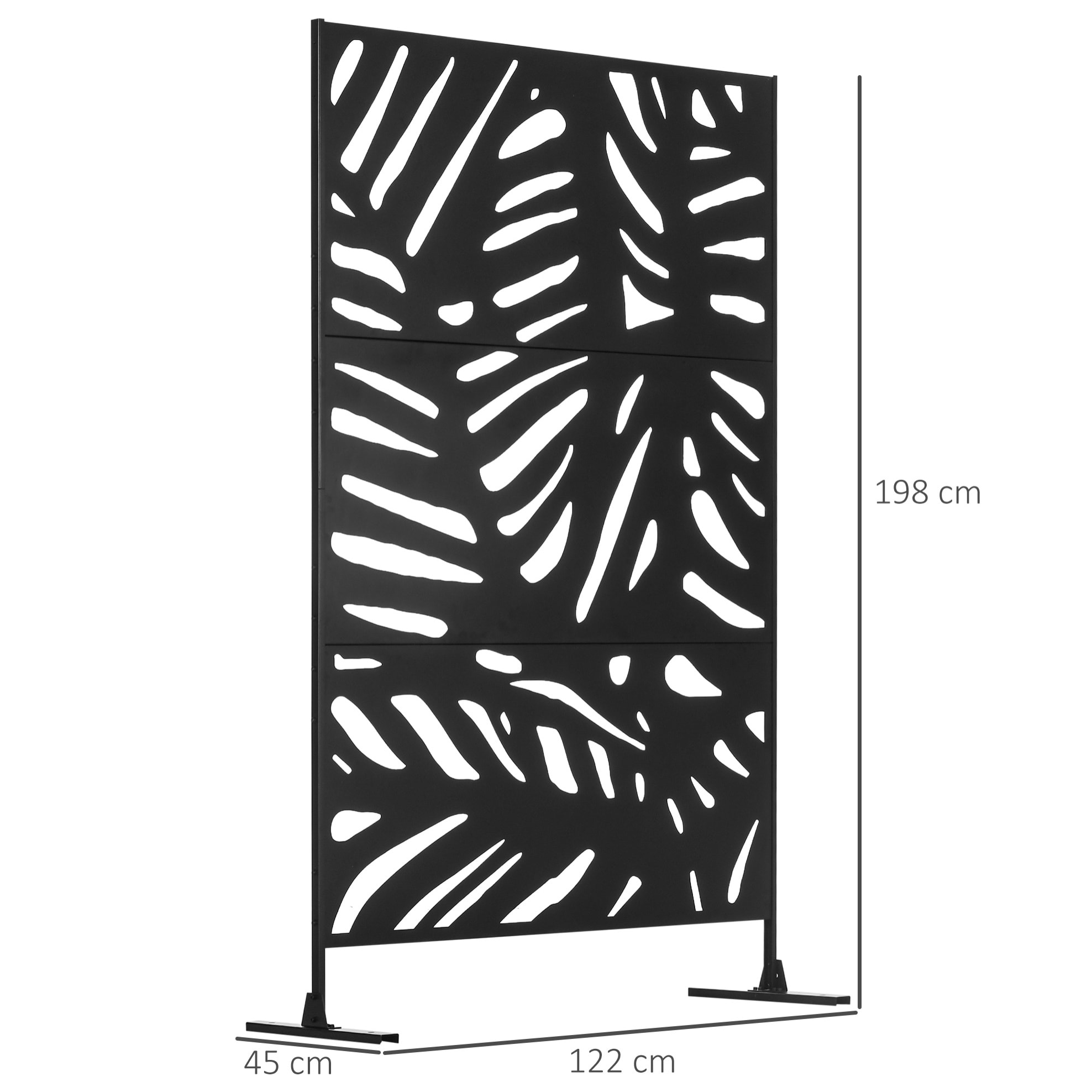 Biombo de 3 Paneles, 122x198 cm, Biombo Separador de Ambientes con Soporte y Tornillos de Expansión, Diseño de Hojas, para Exterior, Jardín, Patio, Terraza, Negro