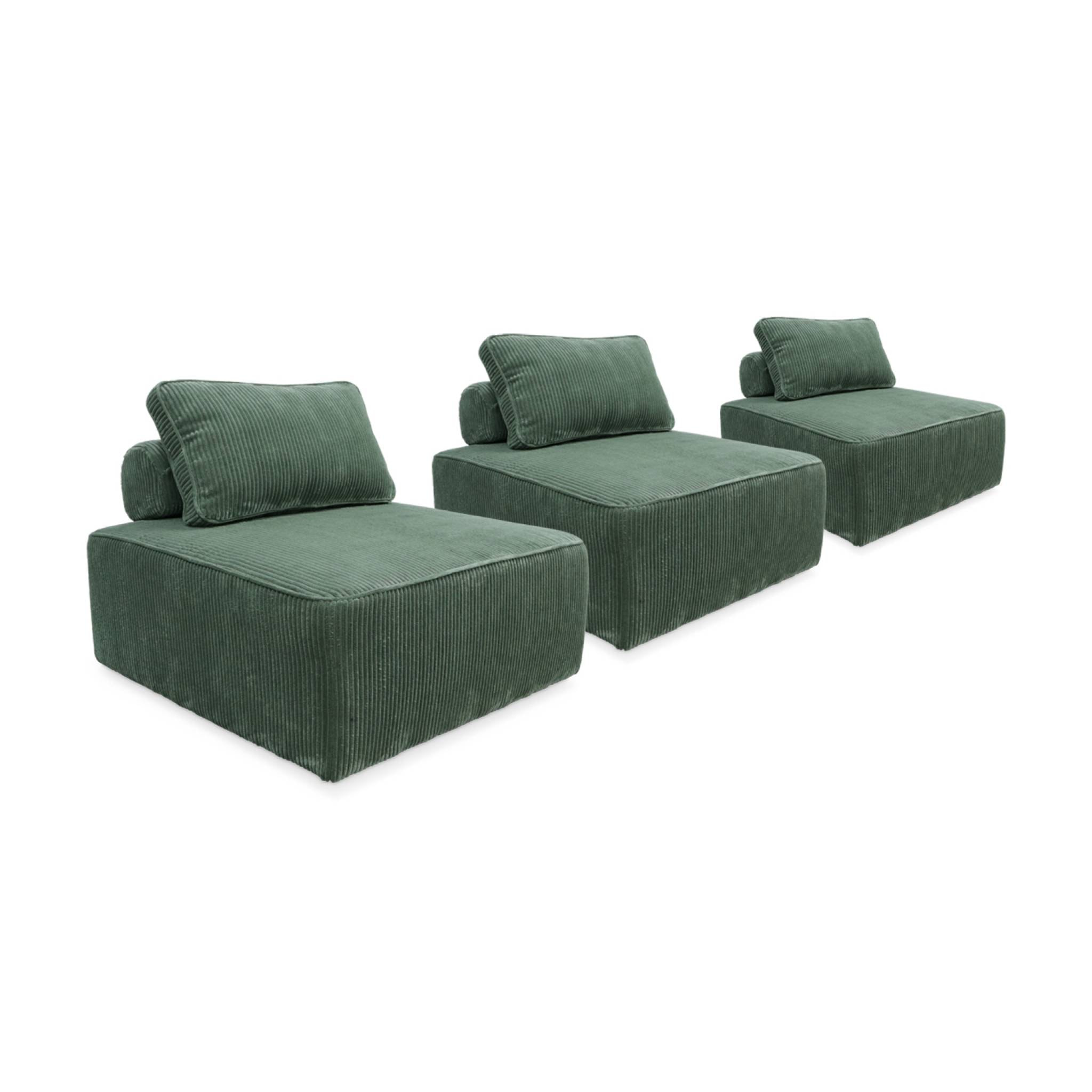 Lot de 3 chauffeuses pour canapé  modulables velours côtelé vert avec un coussin