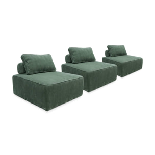 Lot de 3 chauffeuses pour canapé  modulables velours côtelé vert avec un coussin