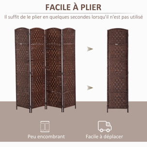 Paravent séparateur de pièce pliable 4 panneaux dim. 180L x 180H cm bois osier tressé