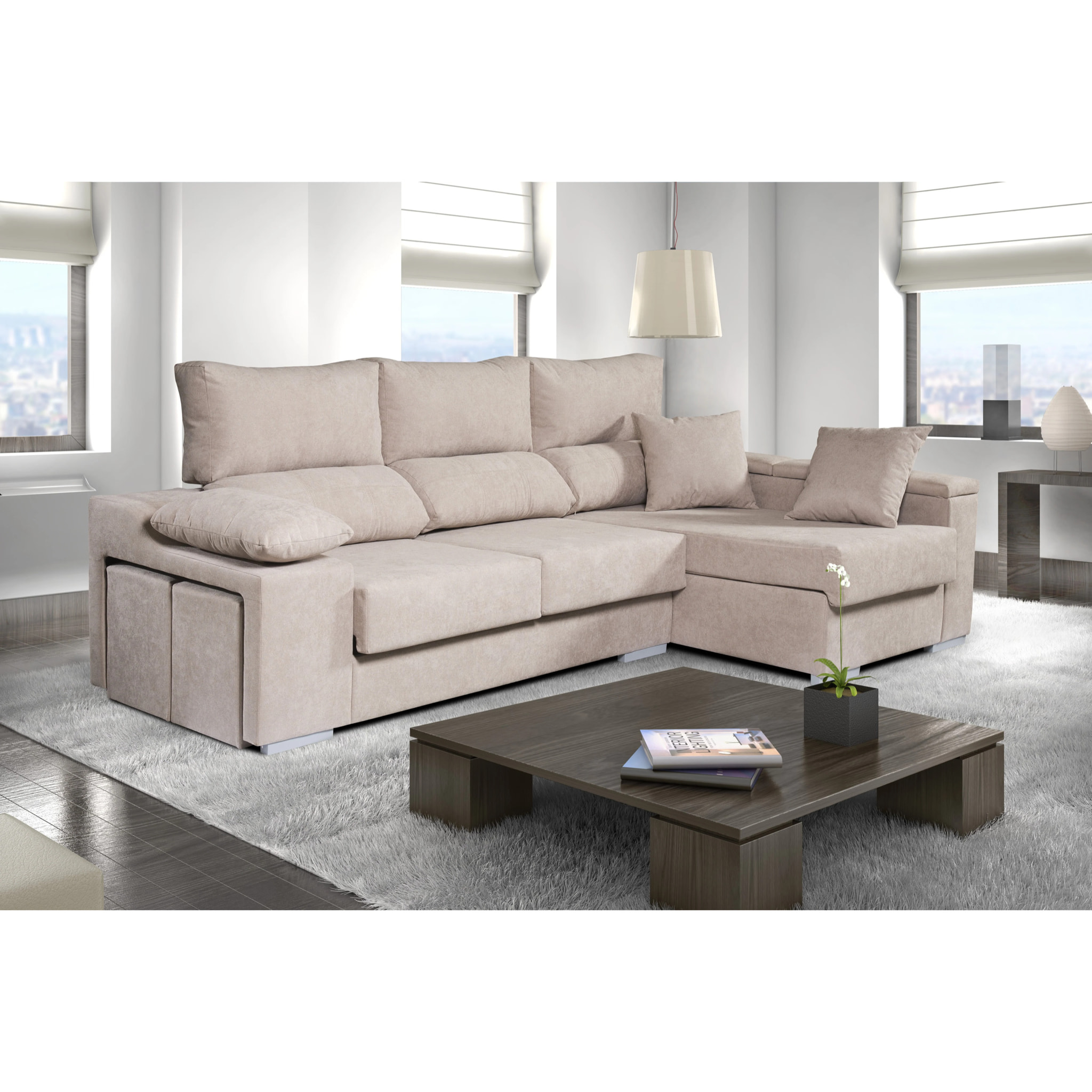 Sofá Chaiselongue Rubí de Tela Antimanchas Derecha Color Beige