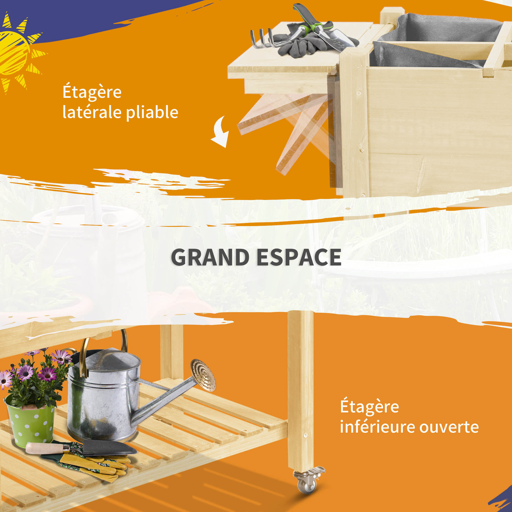 Jardinière sur pied - potager sur roulettes - étagère, tablette rabattable, inserts d'irrigation, feutre drainage - bois pré-huilé clair