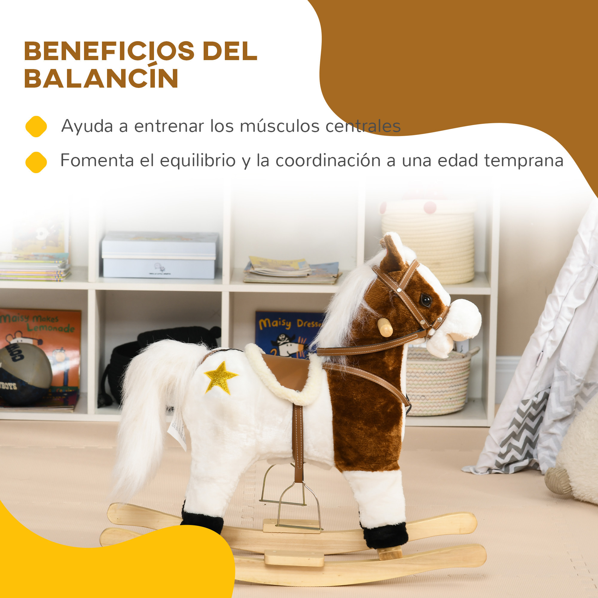 Caballo Balancín para Niños de +3 Años Caballo de Juguete con Música Sonido y Función de Cola Mover la Cola Carga 30 kg 68x26x62 cm Marrón