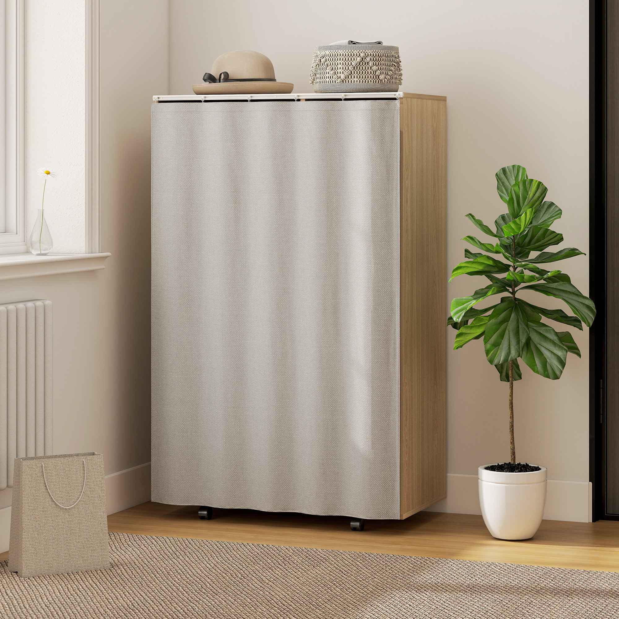 Armoire penderie sur roulettes - tringle, étagère, penderie, 3 compartiments - effet bois naturel rideau gris