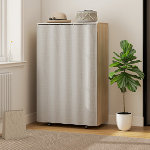 Armoire penderie sur roulettes - tringle, étagère, penderie, 3 compartiments - effet bois naturel rideau gris