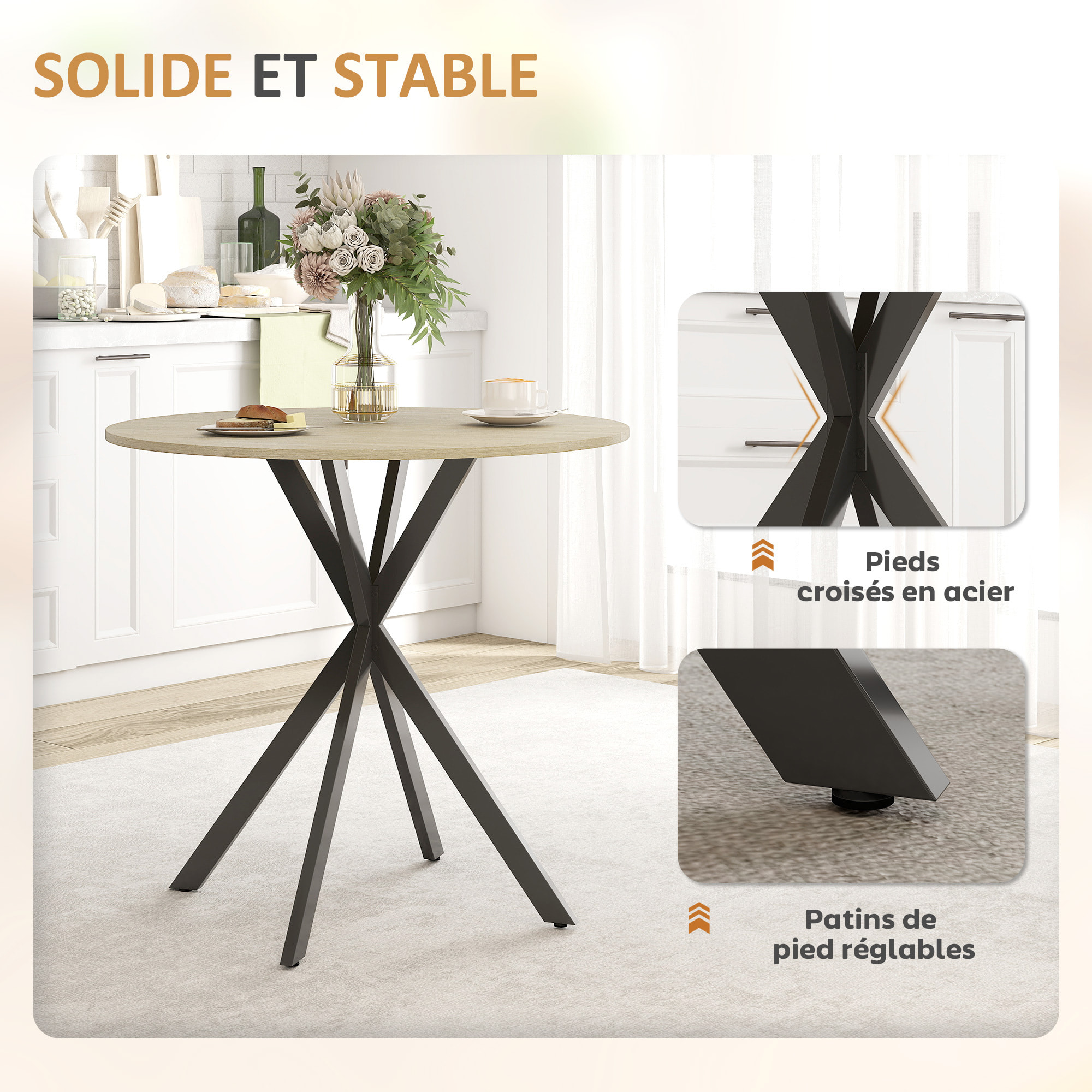 Table ronde bois 2 personnes dia. 80 cm style industriel piètement croisé acier noir