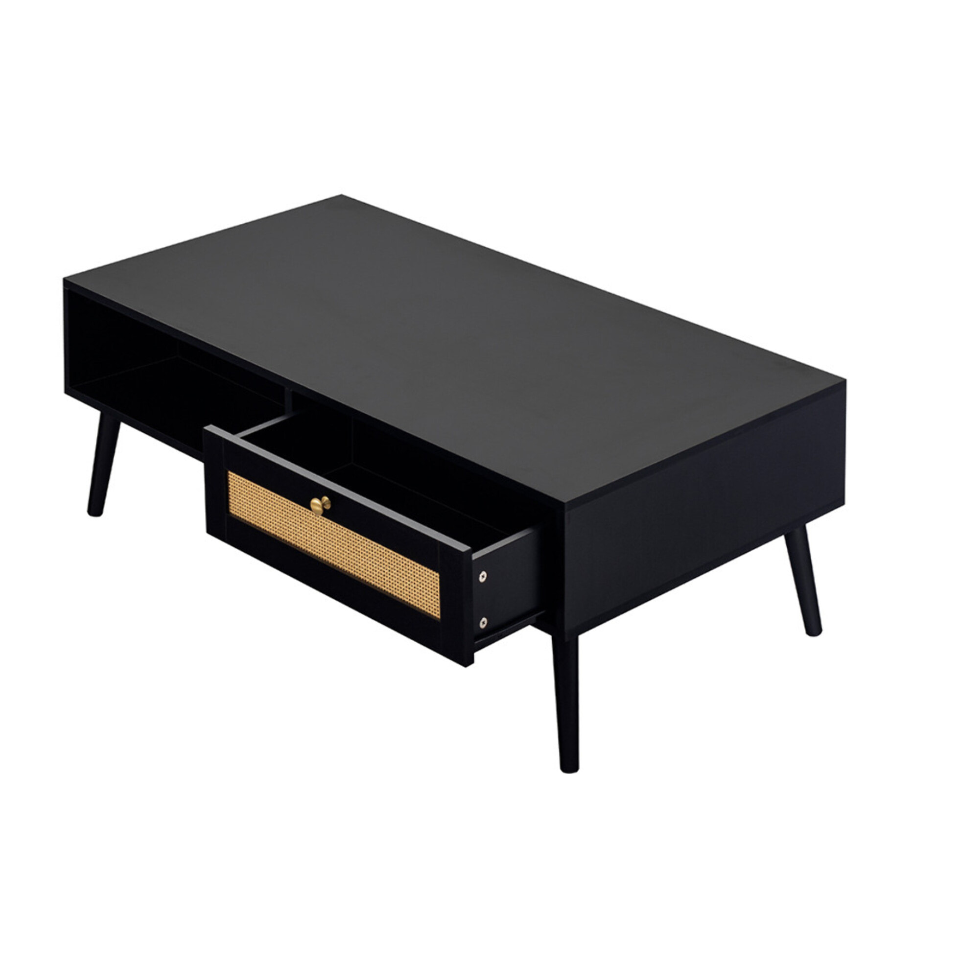 Goto - table basse - noir et cannage - 1 tiroir et 1 niche - 110 cm - Noir