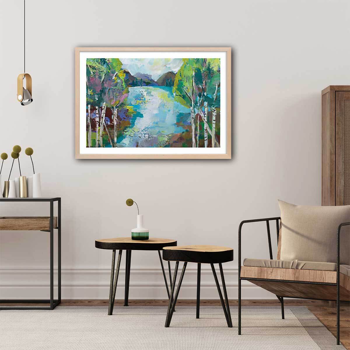 Affiche Bouleaux au bord de l'eau Affiche + cadre en bois - Chêne