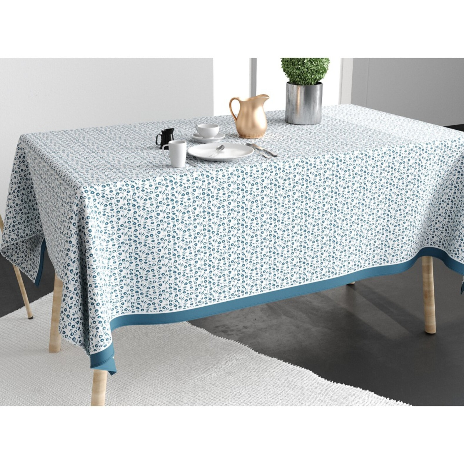 Nappe imprimée Coton Anti Tache Fleurs Des Champs Bleu