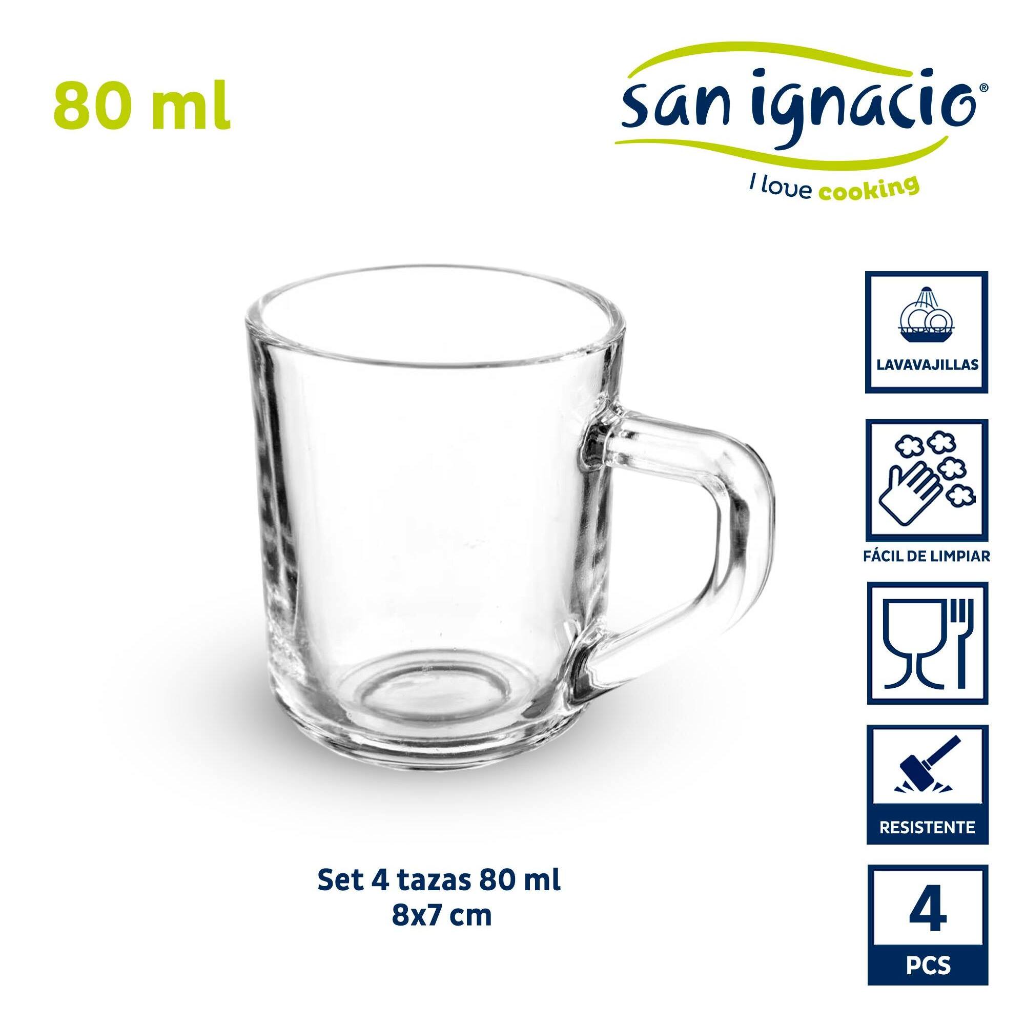 Set 4 tazas vidrio cafe con asa 80ml colección vivalto