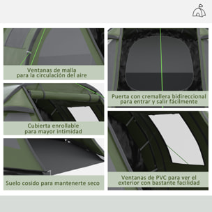 Tienda de Campaña de Túnel Tienda Camping para 3-4 Personas Impermeable PU2000 mm Protección UV30+ con Ventanas y Bolsa de Transporte para Senderismo 475x264x172 cm Verde