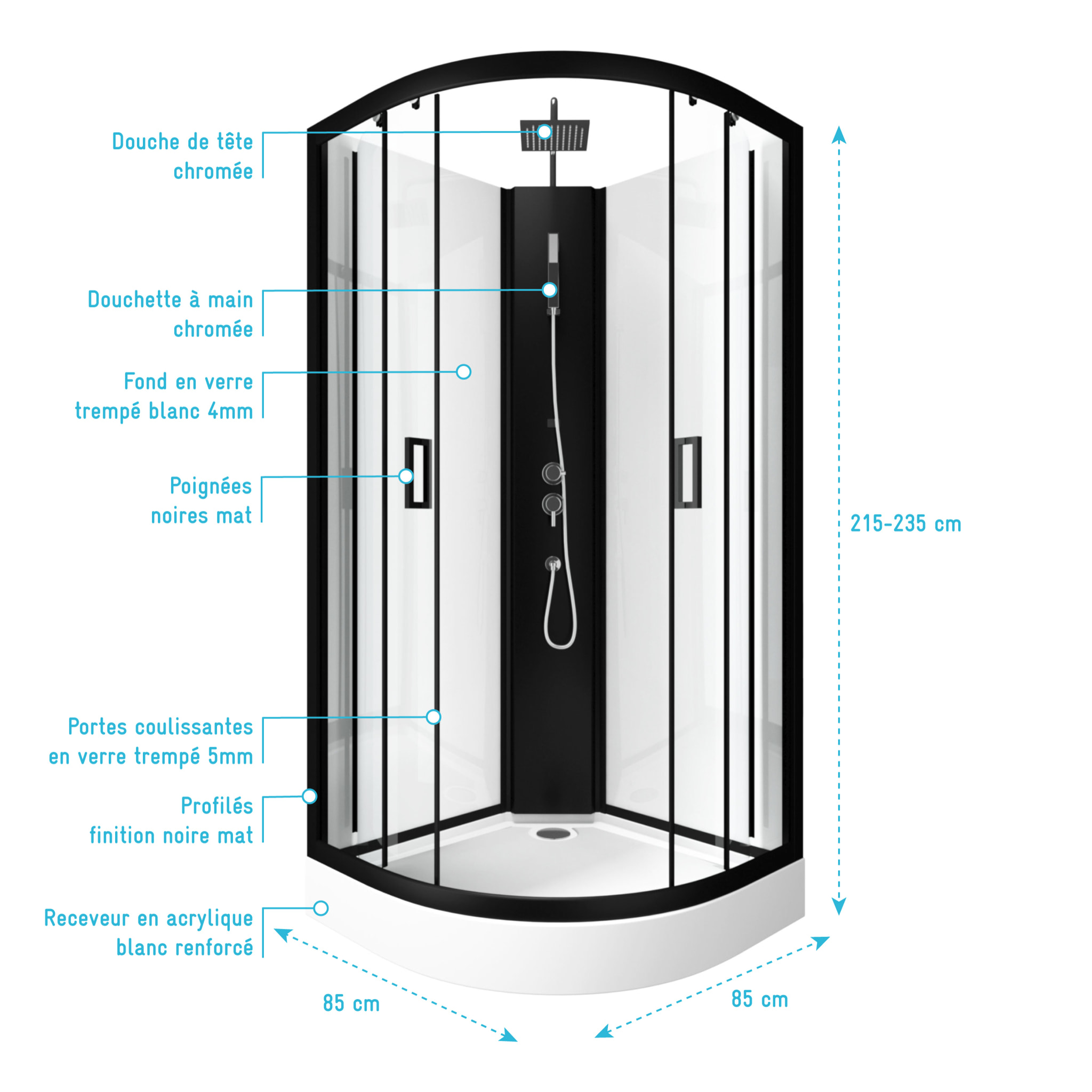 Cabine de douche LIFT UP BLACK 1/4 de cercle 85x85x235cm