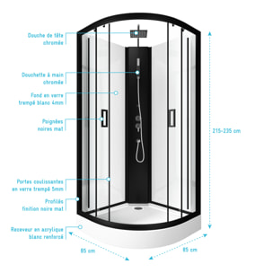 Cabine de douche LIFT UP BLACK 1/4 de cercle 85x85x235cm