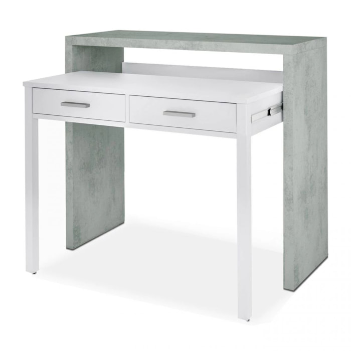 Mesa de escritorio extensible con 2 cajones en blanco artik y gris cemento 98,5x36-70 cm Zira Blanco Artik (Blanco Mate) - Gris Cemento