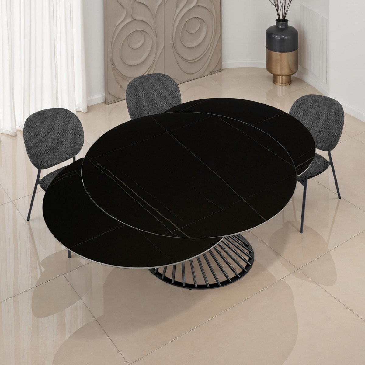 Table à manger ronde extensible Tomasucci JORUM, céramique effet marbre noir, piètement gris, Ø 120/180 cm