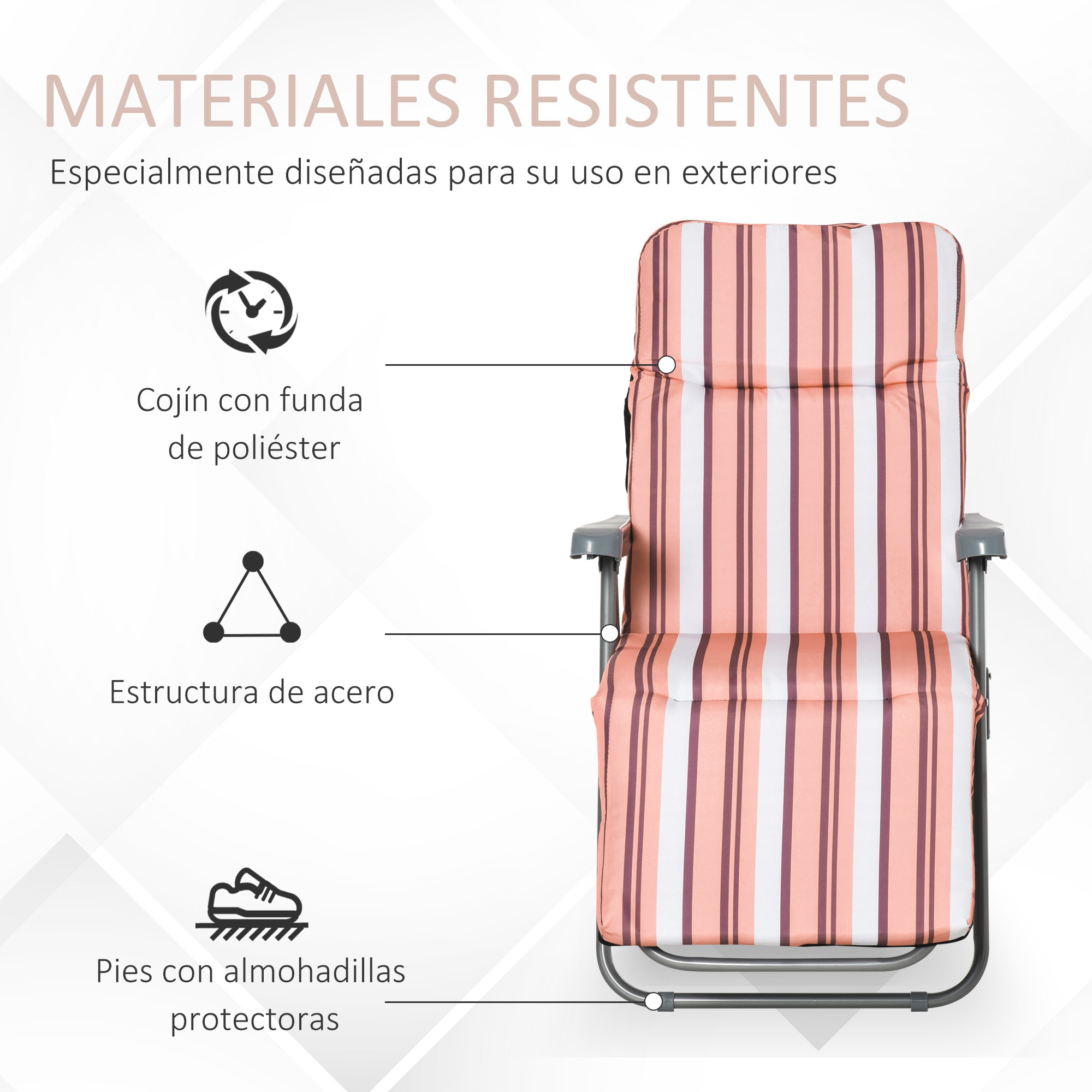 2 Tumbonas Plegables de Jardín Sillas de Gravedad Cero de Acero con Cojín Acolchado Respaldo Ajustable en 5 Posiciones y Reposapiés 60x75x65-102 cm Rayas Naranja